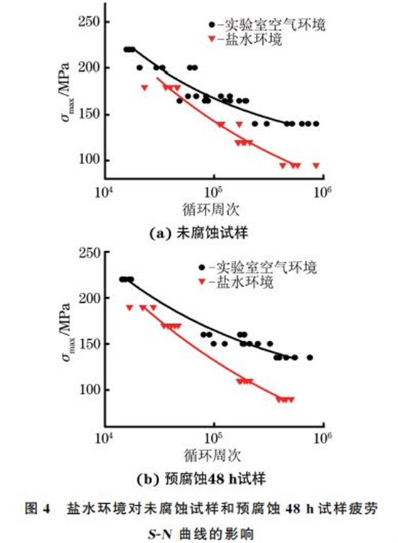 盐水环境对未腐蚀试样和预腐蚀４８h试样疲劳