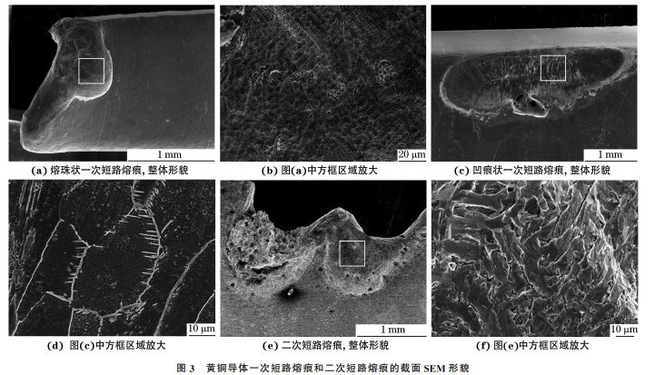 图3 黄铜导体一次短路熔痕和二次短路熔痕的截面SEM 形貌 图3 黄铜导体一次短路熔痕和二次短路熔痕的截面SEM 形貌