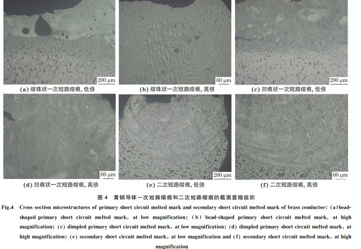 图4 黄铜导体一次短路熔痕和二次短路熔痕的截面显微组织 图4 黄铜导体一次短路熔痕和二次短路熔痕的截面显微组织